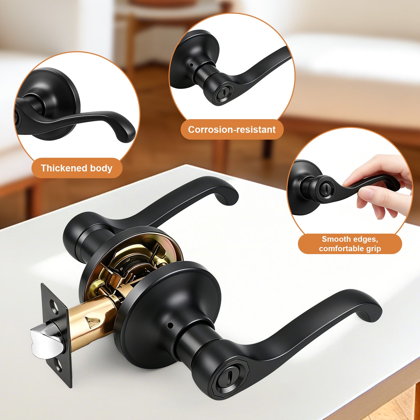 Probrico Scroll Privacy Door Lever, Matte Black Interior Door Handle, Reversible for Left/Right Handed Door, Easy Install for Bedroom & Bathroom,Heavy Duty Door Handle,Keyless with Turn Lock, 2026 New