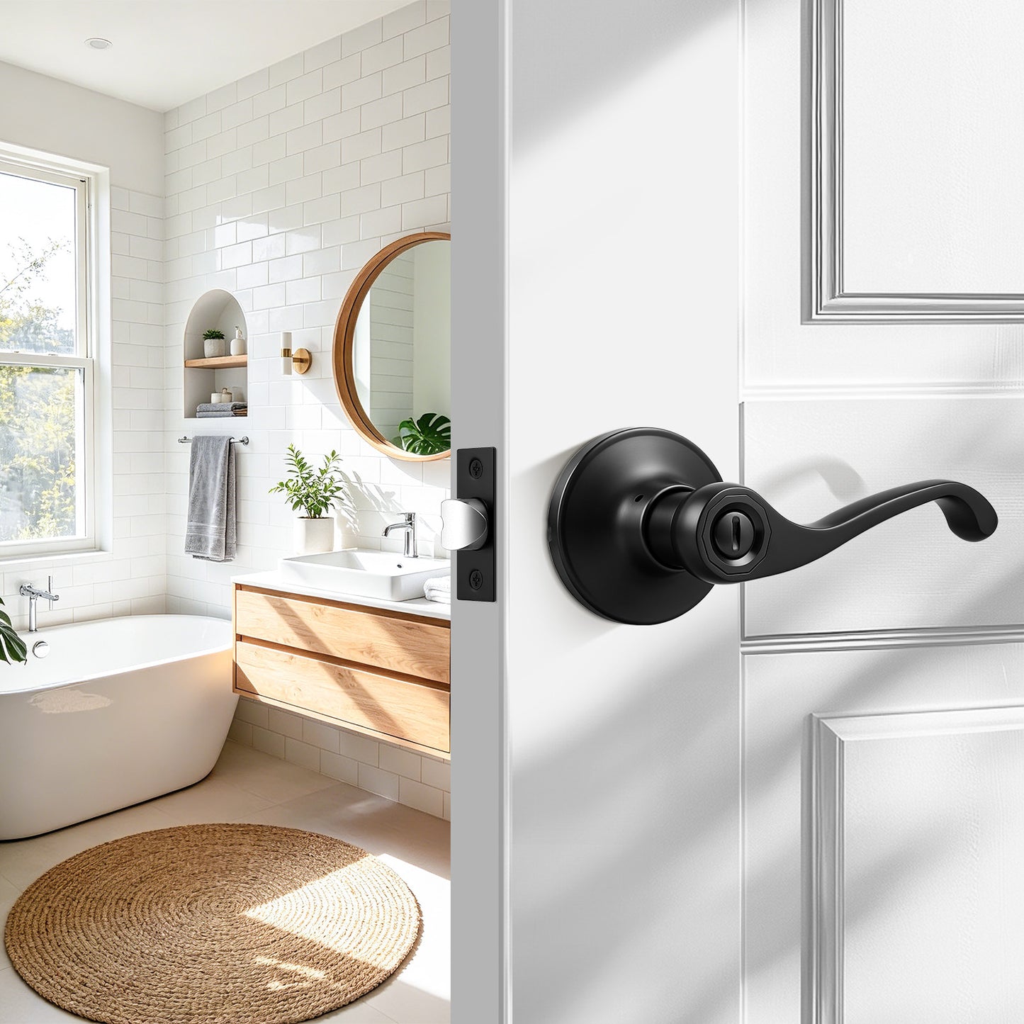 Probrico Scroll Privacy Door Lever, Matte Black Interior Door Handle, Reversible for Left/Right Handed Door, Easy Install for Bedroom & Bathroom,Heavy Duty Door Handle,Keyless with Turn Lock, 2026 New