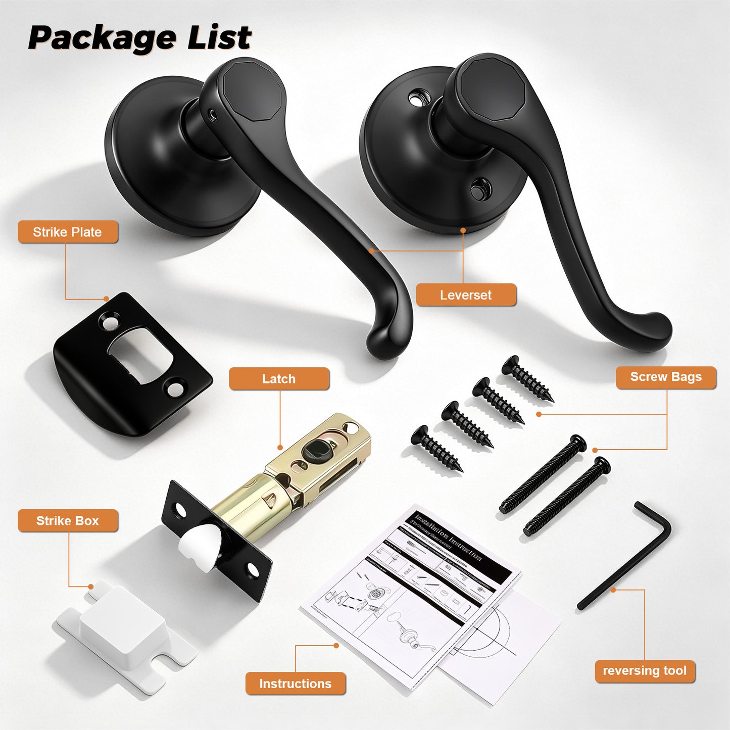 Probrico 2026 New Scroll Passage Door Lever, Matte Black Interior Door Handle, Easy Install for Hallway & Closet Door, No Lock Passage Design,Reversible for Left/Right Handed Door, Heavy Duty