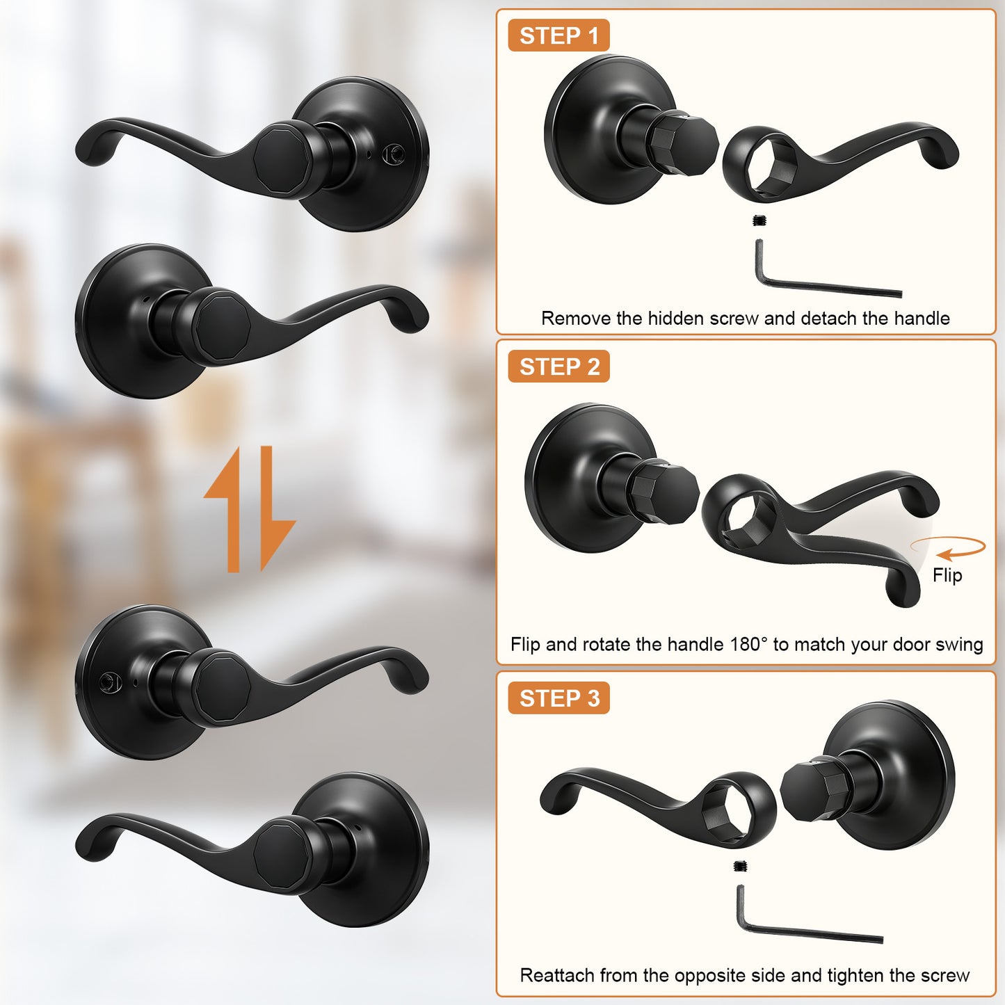 Probrico 2026 New Scroll Passage Door Lever, Matte Black Interior Door Handle, Easy Install for Hallway & Closet Door, No Lock Passage Design,Reversible for Left/Right Handed Door, Heavy Duty