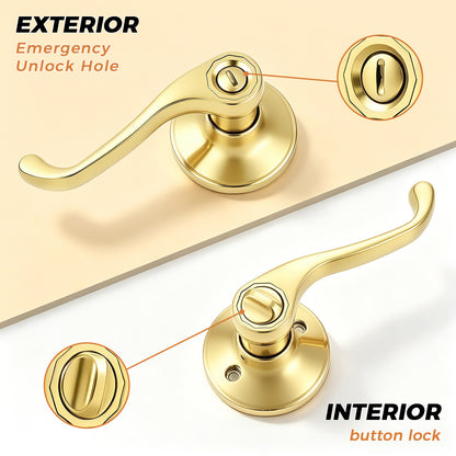 Probrico Scroll Privacy Door Lever, Gold Door Handle Interior, Reversible for Left/Right Handed Door, Polished Brass Door Handle for Bedroom & Bathroom, Keyless with Lock, 2026 NEW