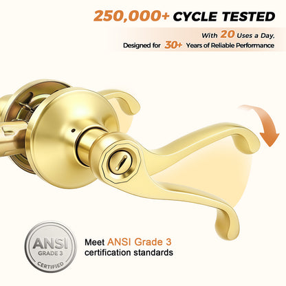Probrico Scroll Privacy Door Lever, Gold Door Handle Interior, Reversible for Left/Right Handed Door, Polished Brass Door Handle for Bedroom & Bathroom, Keyless with Lock, 2026 NEW