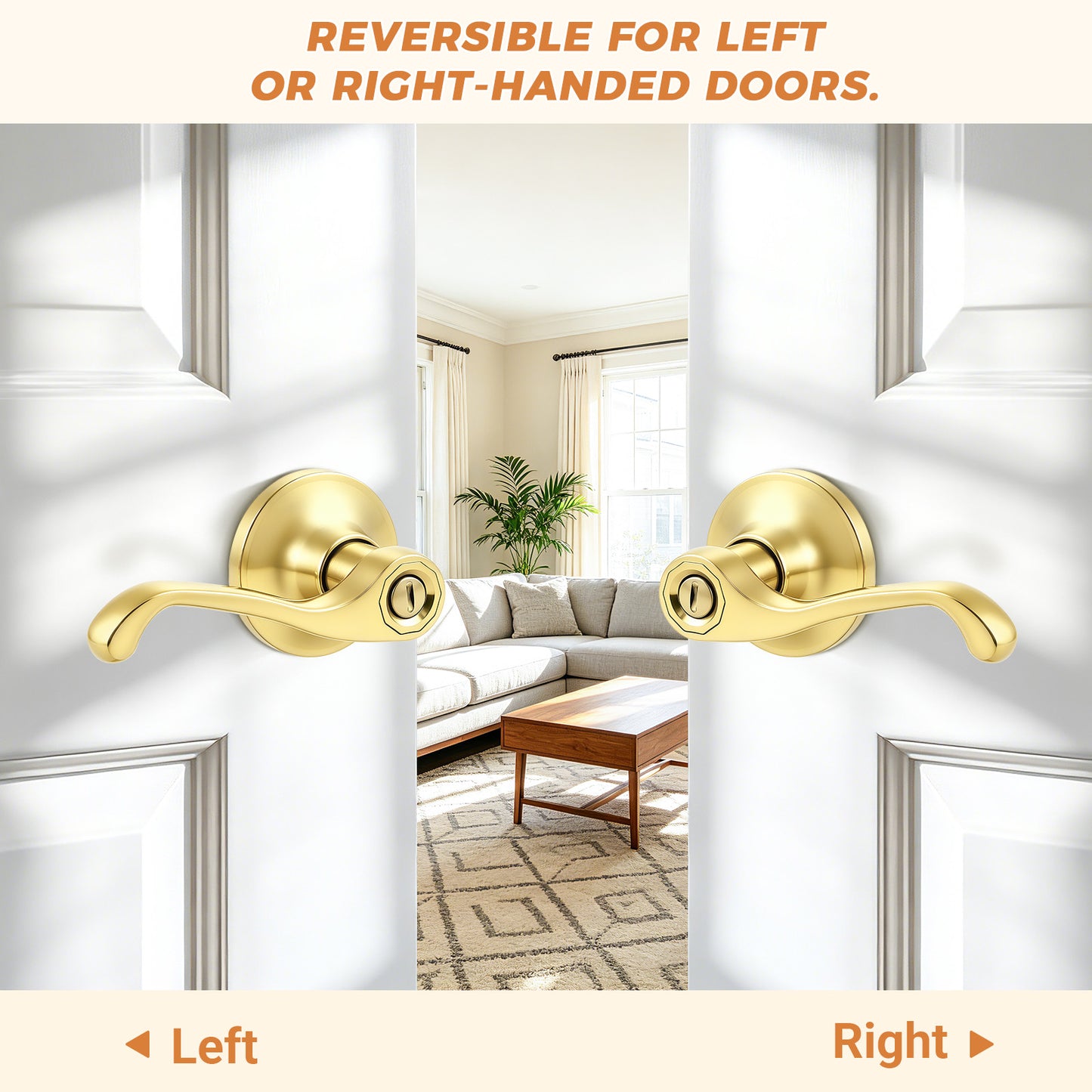 Probrico Scroll Privacy Door Lever, Gold Door Handle Interior, Reversible for Left/Right Handed Door, Polished Brass Door Handle for Bedroom & Bathroom, Keyless with Lock, 2026 NEW