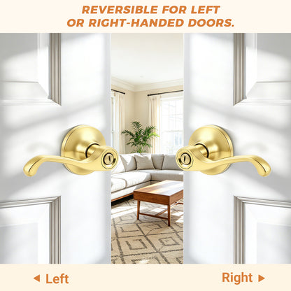 Probrico Scroll Privacy Door Lever, Gold Door Handle Interior, Reversible for Left/Right Handed Door, Polished Brass Door Handle for Bedroom & Bathroom, Keyless with Lock, 2026 NEW