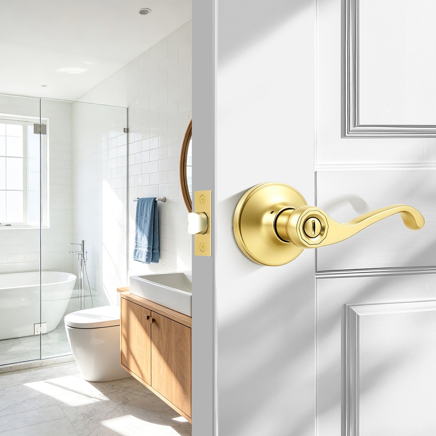 Probrico Scroll Privacy Door Lever, Gold Door Handle Interior, Reversible for Left/Right Handed Door, Polished Brass Door Handle for Bedroom & Bathroom, Keyless with Lock, 2026 NEW