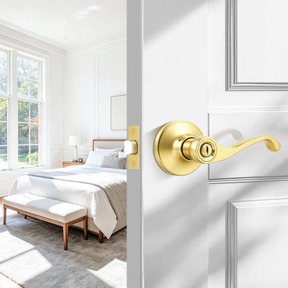 Probrico Scroll Privacy Door Lever, Gold Door Handle Interior, Reversible for Left/Right Handed Door, Polished Brass Door Handle for Bedroom & Bathroom, Keyless with Lock, 2026 NEW