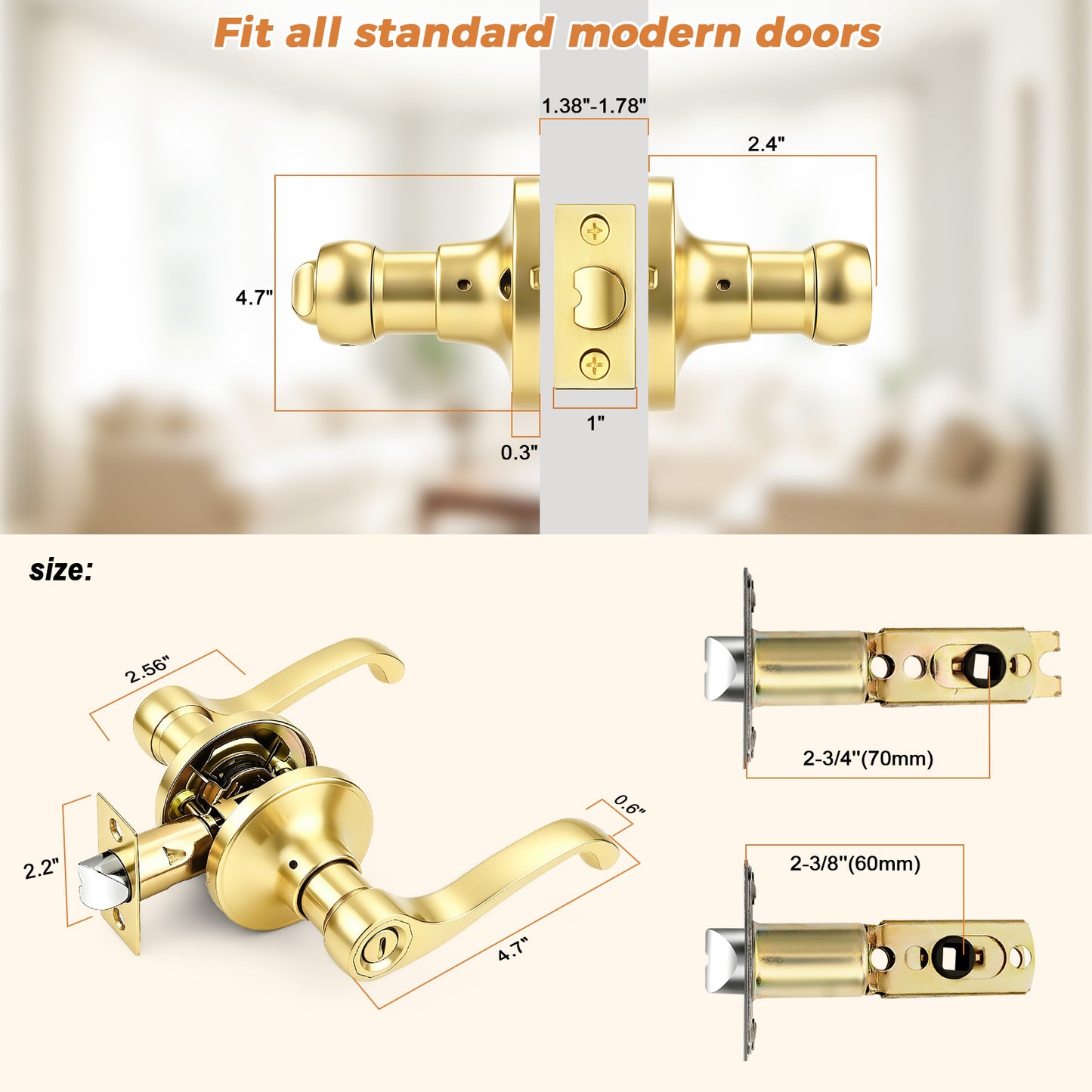 Probrico Scroll Privacy Door Lever, Gold Door Handle Interior, Reversible for Left/Right Handed Door, Polished Brass Door Handle for Bedroom & Bathroom, Keyless with Lock, 2026 NEW