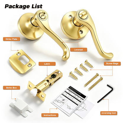 Probrico Scroll Privacy Door Lever, Gold Door Handle Interior, Reversible for Left/Right Handed Door, Polished Brass Door Handle for Bedroom & Bathroom, Keyless with Lock, 2026 NEW