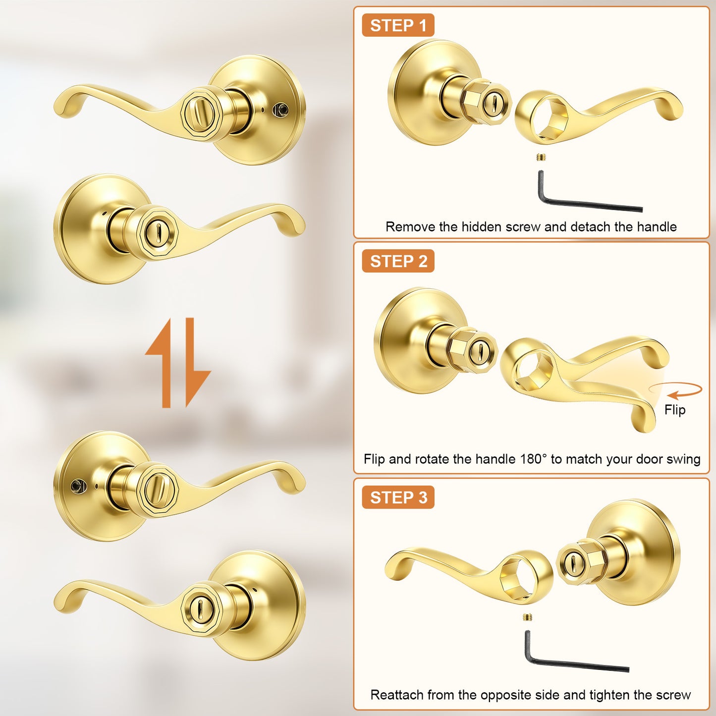 Probrico Scroll Privacy Door Lever, Gold Door Handle Interior, Reversible for Left/Right Handed Door, Polished Brass Door Handle for Bedroom & Bathroom, Keyless with Lock, 2026 NEW
