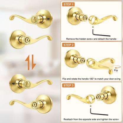 Probrico Scroll Privacy Door Lever, Gold Door Handle Interior, Reversible for Left/Right Handed Door, Polished Brass Door Handle for Bedroom & Bathroom, Keyless with Lock, 2026 NEW