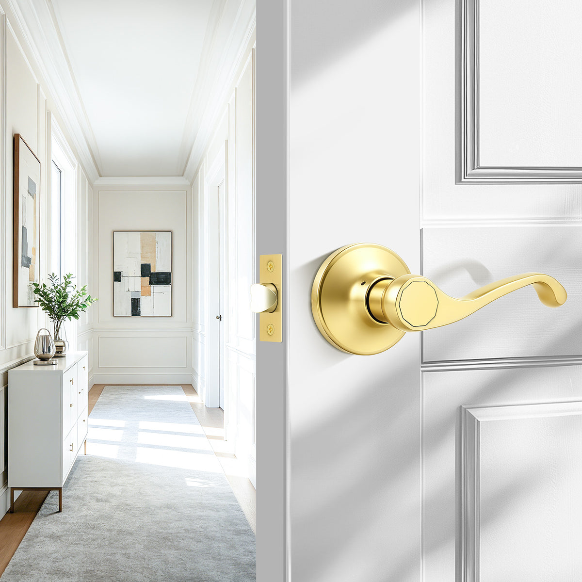 Probrico 2026 New Scroll Passage Door Lever, Polished Brass Interior Door Handle, Gold Door Handle for Hallway & Closet Door, No Lock Passage Design,Reversible for Left/Right Handed Door, Heavy Duty