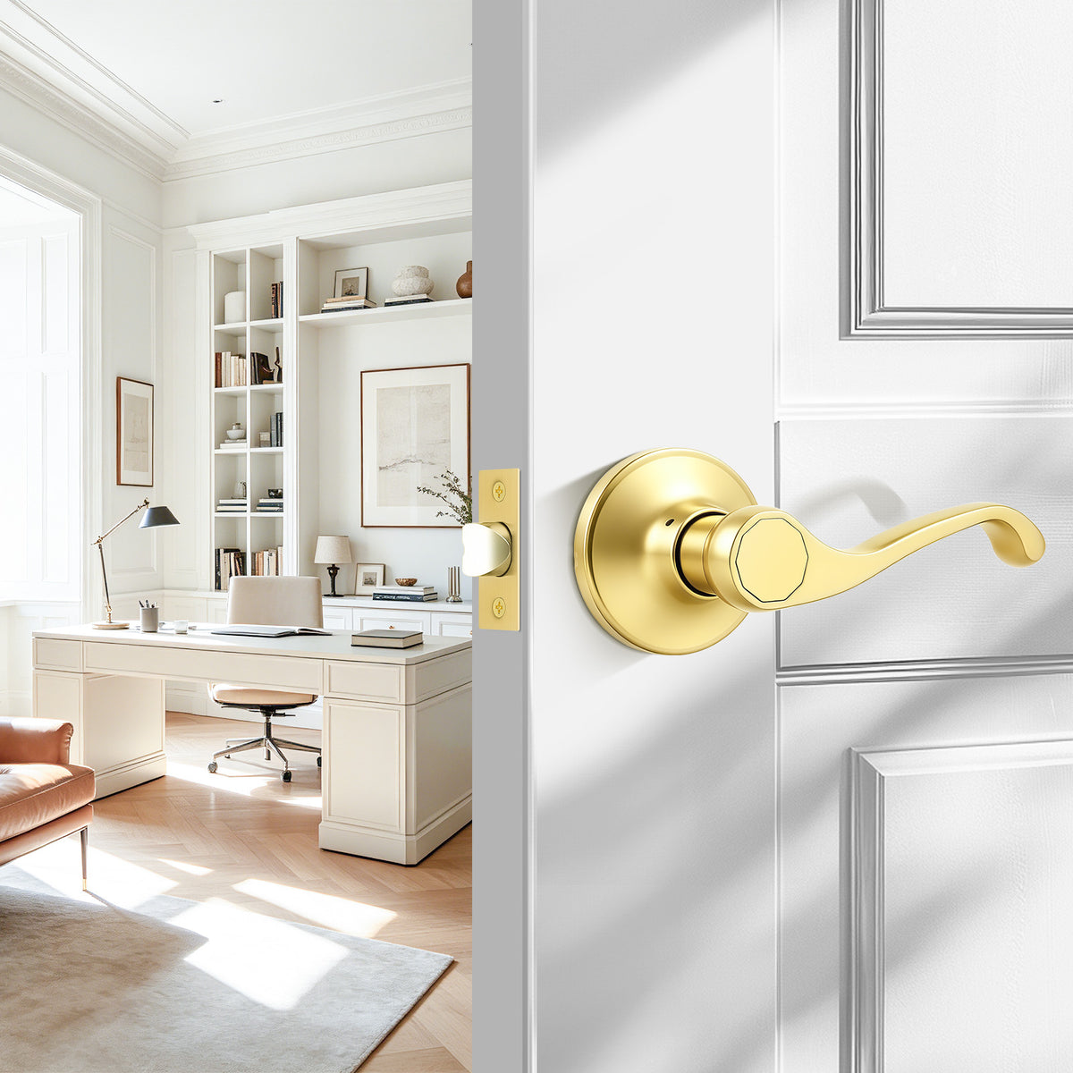 Probrico 2026 New Scroll Passage Door Lever, Polished Brass Interior Door Handle, Gold Door Handle for Hallway & Closet Door, No Lock Passage Design,Reversible for Left/Right Handed Door, Heavy Duty