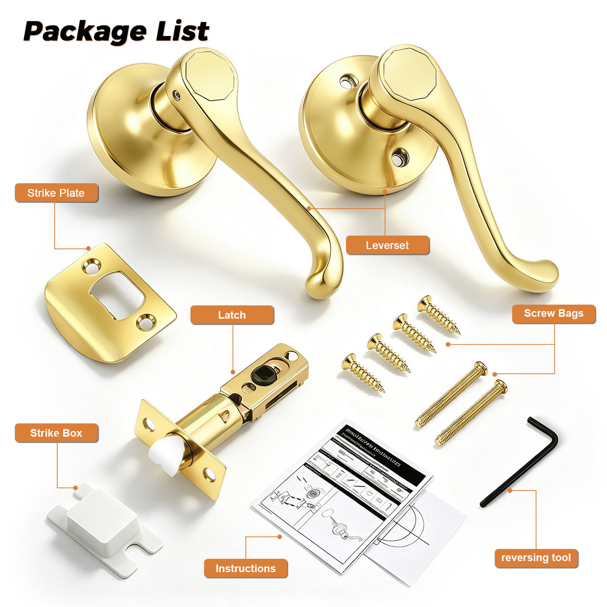 Probrico 2026 New Scroll Passage Door Lever, Polished Brass Interior Door Handle, Gold Door Handle for Hallway & Closet Door, No Lock Passage Design,Reversible for Left/Right Handed Door, Heavy Duty