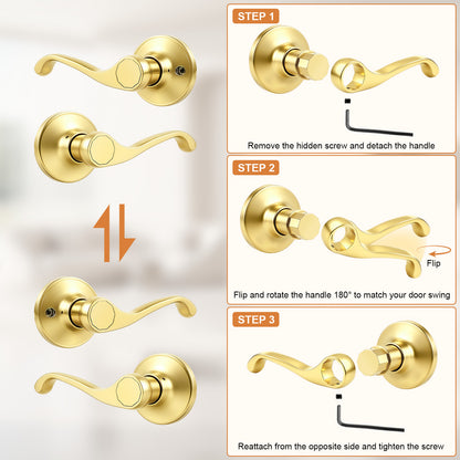 Probrico 2026 New Scroll Passage Door Lever, Polished Brass Interior Door Handle, Gold Door Handle for Hallway & Closet Door, No Lock Passage Design,Reversible for Left/Right Handed Door, Heavy Duty