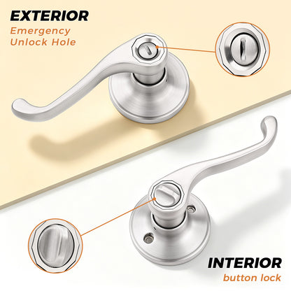 Probrico Scroll Privacy Door Lever, Satin Nickel Interior Door Handle, Reversible for Left/Right Handed Door, Easy Install for Bedroom & Bathroom,Heavy Duty Door Handle, Keyless with Lock, 2026 New
