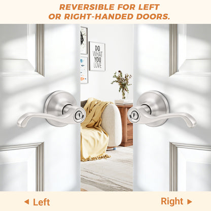 Probrico Scroll Privacy Door Lever, Satin Nickel Interior Door Handle, Reversible for Left/Right Handed Door, Easy Install for Bedroom & Bathroom,Heavy Duty Door Handle, Keyless with Lock, 2026 New