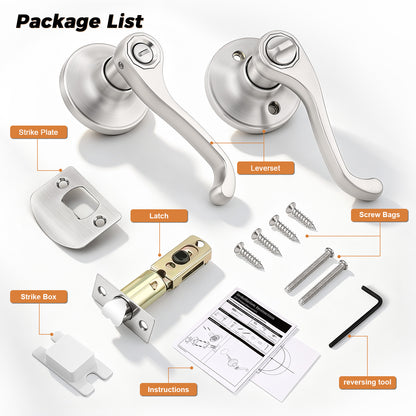 Probrico Scroll Privacy Door Lever, Satin Nickel Interior Door Handle, Reversible for Left/Right Handed Door, Easy Install for Bedroom & Bathroom,Heavy Duty Door Handle, Keyless with Lock, 2026 New