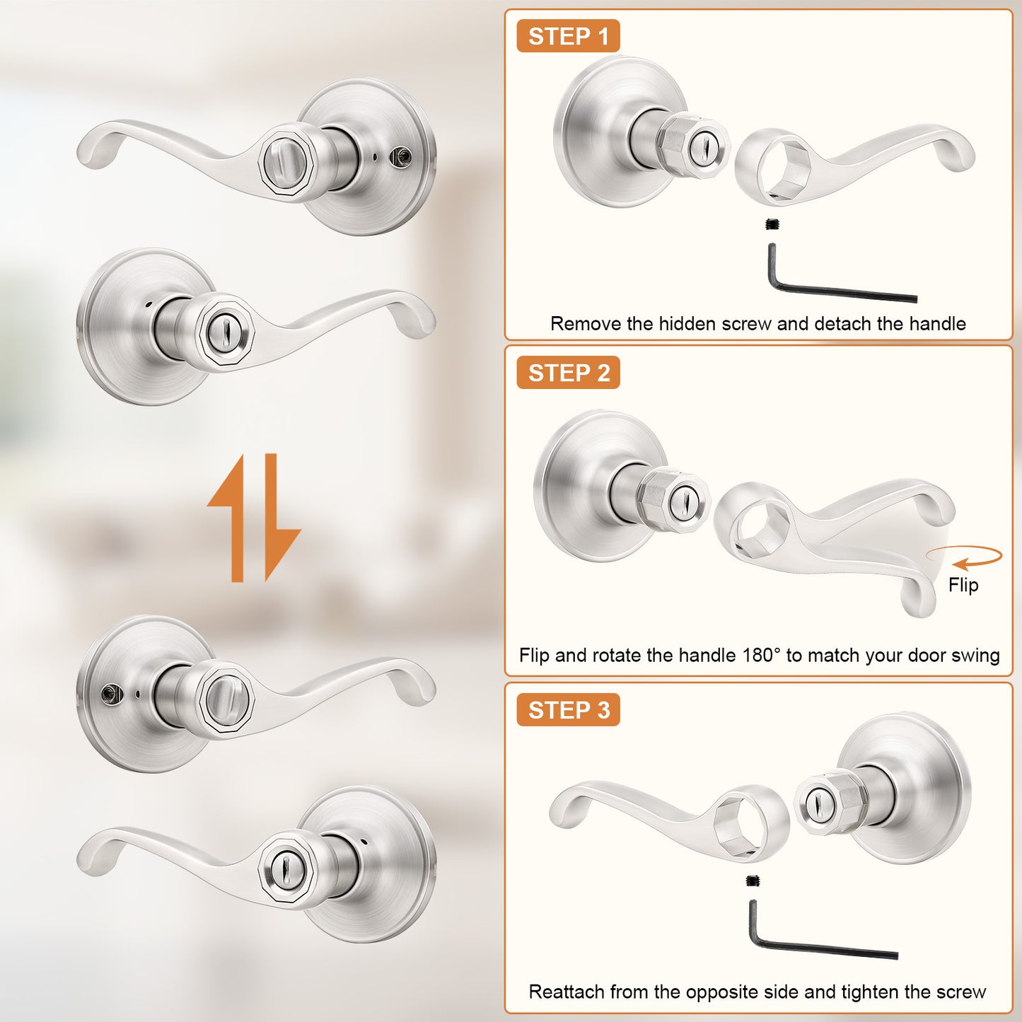 Probrico Scroll Privacy Door Lever, Satin Nickel Interior Door Handle, Reversible for Left/Right Handed Door, Easy Install for Bedroom & Bathroom,Heavy Duty Door Handle, Keyless with Lock, 2026 New