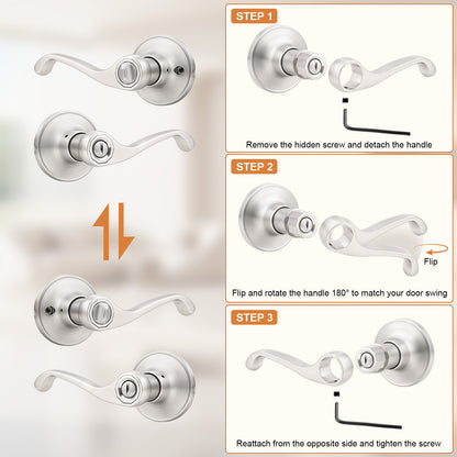 Probrico Scroll Privacy Door Lever, Satin Nickel Interior Door Handle, Reversible for Left/Right Handed Door, Easy Install for Bedroom & Bathroom,Heavy Duty Door Handle, Keyless with Lock, 2026 New