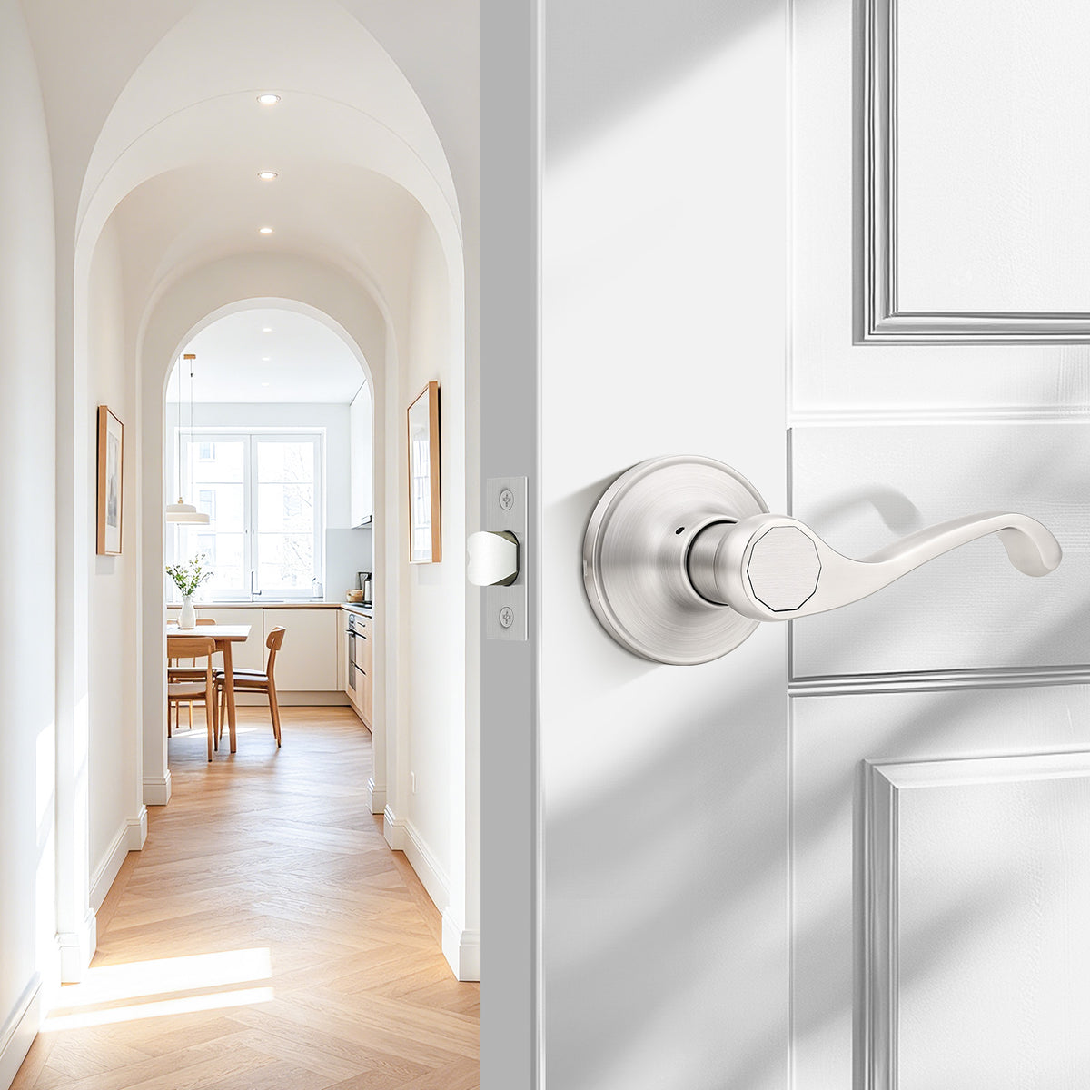 Probrico 2026 New Scroll Passage Door Lever, Satin Nickel Interior Door Handle, Easy Install for Hallway & Closet Door, No Lock Passage Design,Reversible for Left/Right Handed Door, Heavy Duty