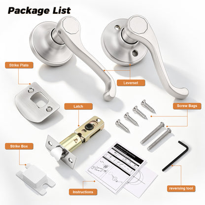 Probrico 2026 New Scroll Passage Door Lever, Satin Nickel Interior Door Handle, Easy Install for Hallway & Closet Door, No Lock Passage Design,Reversible for Left/Right Handed Door, Heavy Duty