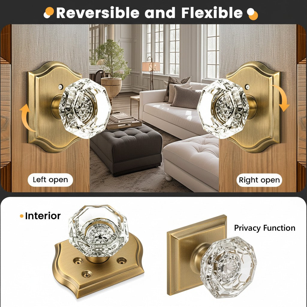 Antique Brass Diamond Crystal Glass Door Knobs