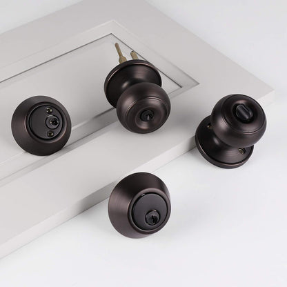 Flat Ball Door Knob Lock with Double Cylinder Deadbolt Keyed Entry Door Lockset Keyed Alike, Oil Rubbed Bronze Finish - DL609ET-102ORB