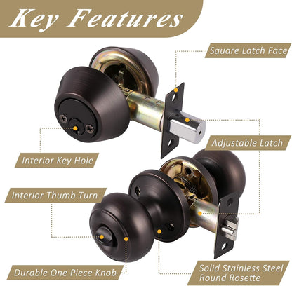 Flat Ball Door Knob Lock with Double Cylinder Deadbolt Keyed Entry Door Lockset Keyed Alike, Oil Rubbed Bronze Finish - DL609ET-102ORB