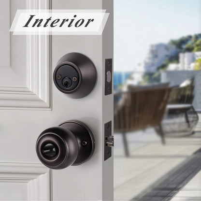Flat Ball Door Knob Lock with Double Cylinder Deadbolt Keyed Entry Door Lockset Keyed Alike, Oil Rubbed Bronze Finish - DL609ET-102ORB