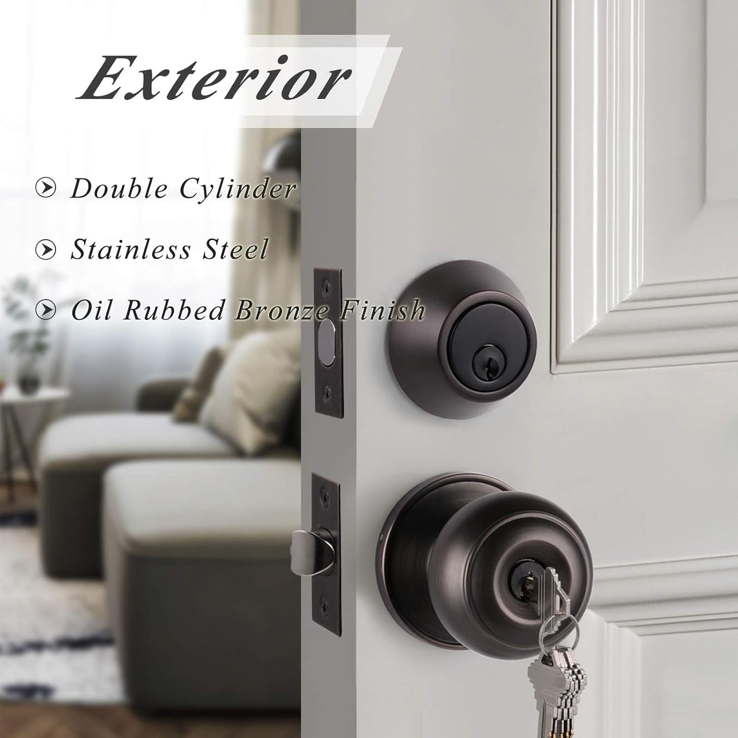 Flat Ball Door Knob Lock with Double Cylinder Deadbolt Keyed Entry Door Lockset Keyed Alike, Oil Rubbed Bronze Finish - DL609ET-102ORB