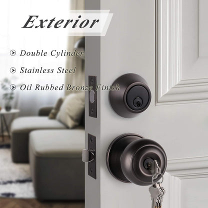 Flat Ball Door Knob Lock with Double Cylinder Deadbolt Keyed Entry Door Lockset Keyed Alike, Oil Rubbed Bronze Finish - DL609ET-102ORB