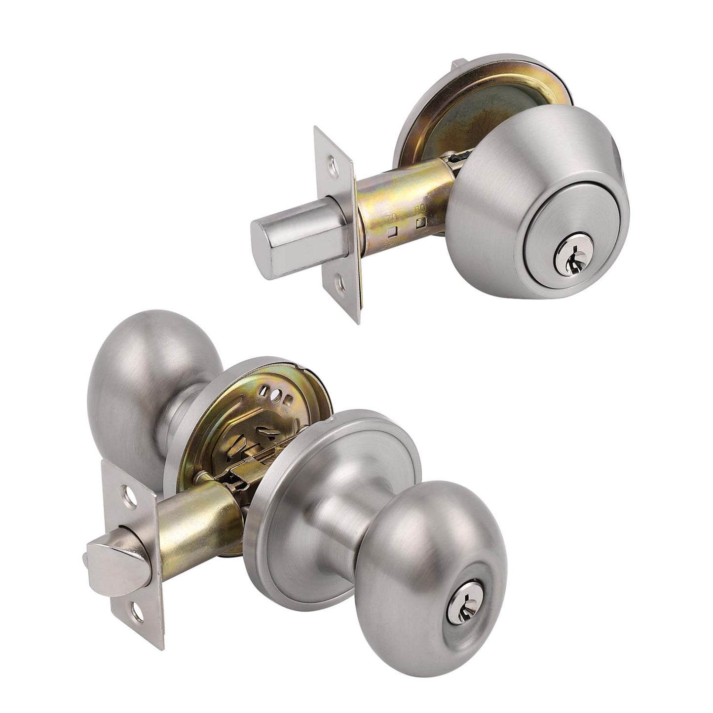 Probrico Oval Egg Entry Door Knobs with Single Cylinder Deadbolt Same Keys for Office Entrance Door Lock Set, in Brushed Nickel Finish, 1 Pack