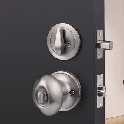 Probrico Oval Egg Entry Door Knobs with Single Cylinder Deadbolt Same Keys for Office Entrance Door Lock Set, in Brushed Nickel Finish, 1 Pack