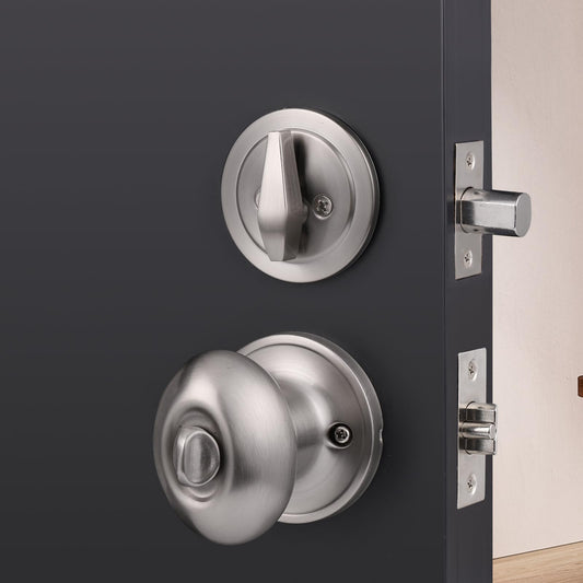 Probrico Oval Egg Entry Door Knobs with Single Cylinder Deadbolt Same Keys for Office Entrance Door Lock Set, in Brushed Nickel Finish, 1 Pack