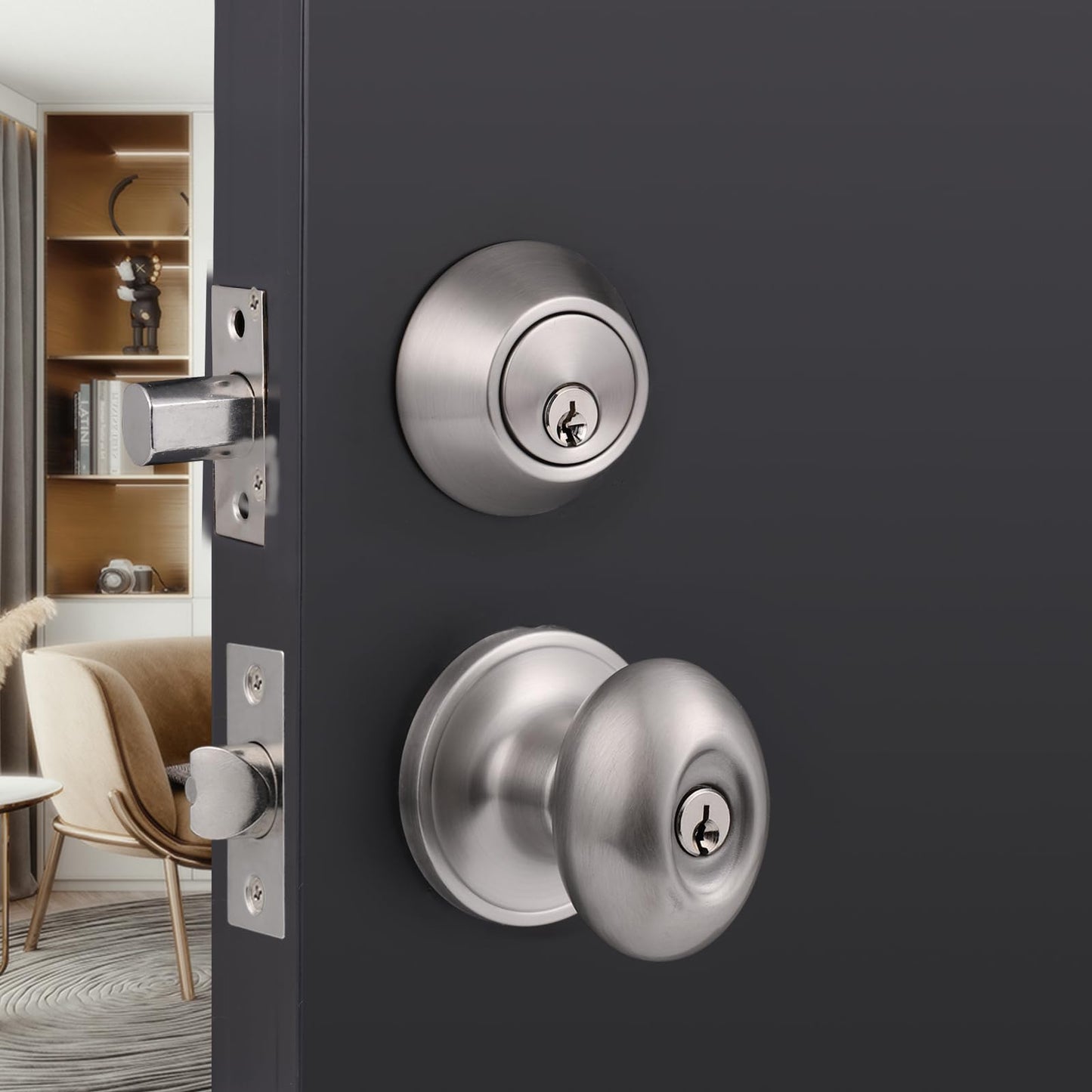 Probrico Oval Egg Entry Door Knobs with Single Cylinder Deadbolt Same Keys for Office Entrance Door Lock Set, in Brushed Nickel Finish, 1 Pack