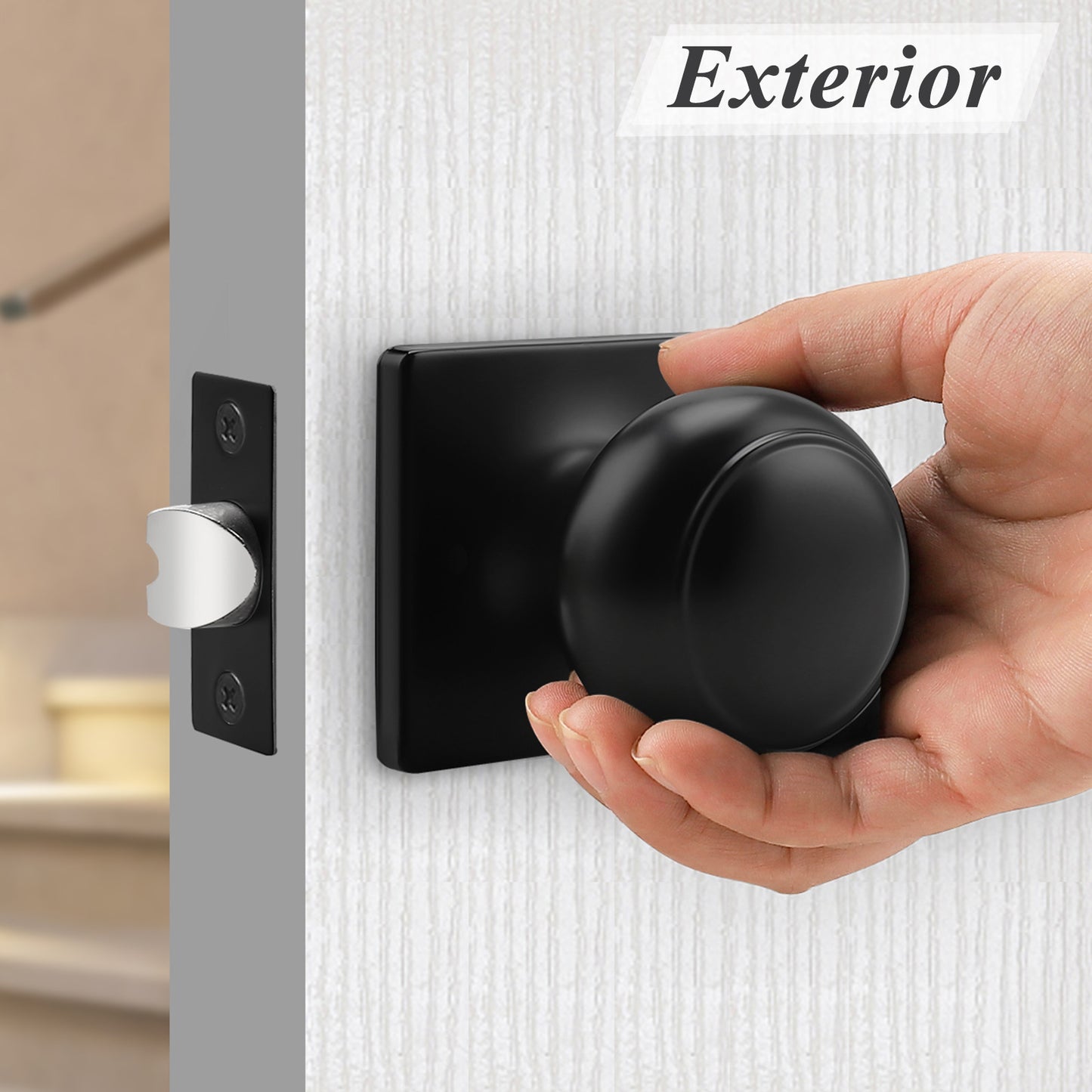 Flat Ball Knob with Square Rosette, Passage Door Knobs Black Finish DLS09BKPS - Probrico