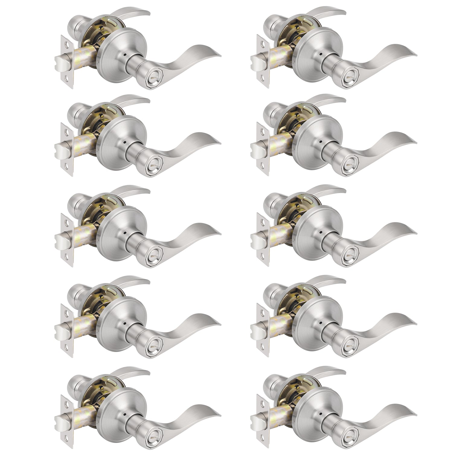 Probrico Bed/Bath Door Levers Wave Style Handles in Satin Nickel Wholesale Privacy Door Locks (10 Pack)