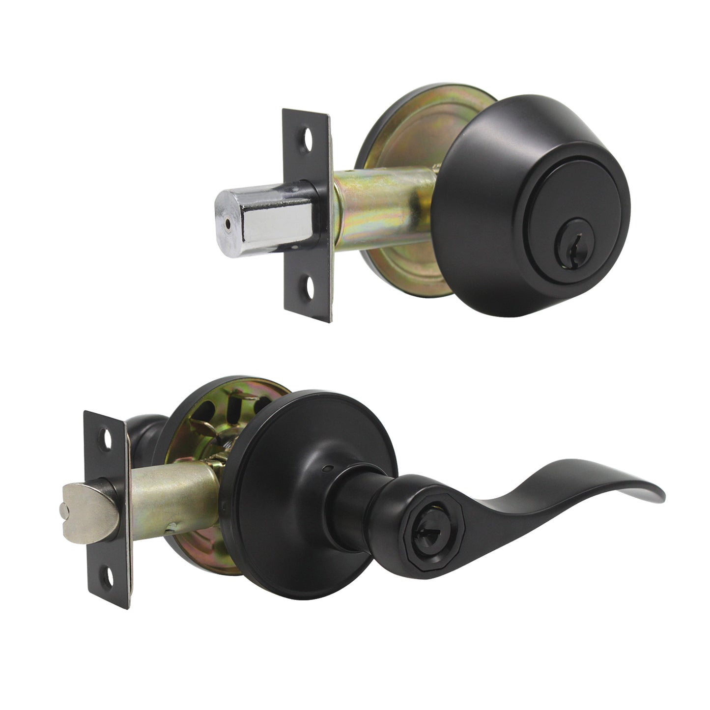 Wave Style Door Lever Lock with Single Cylinder Deadbolt Combo Packs Black Finish - Keyed Alike DL12061ET-101BK - Probrico