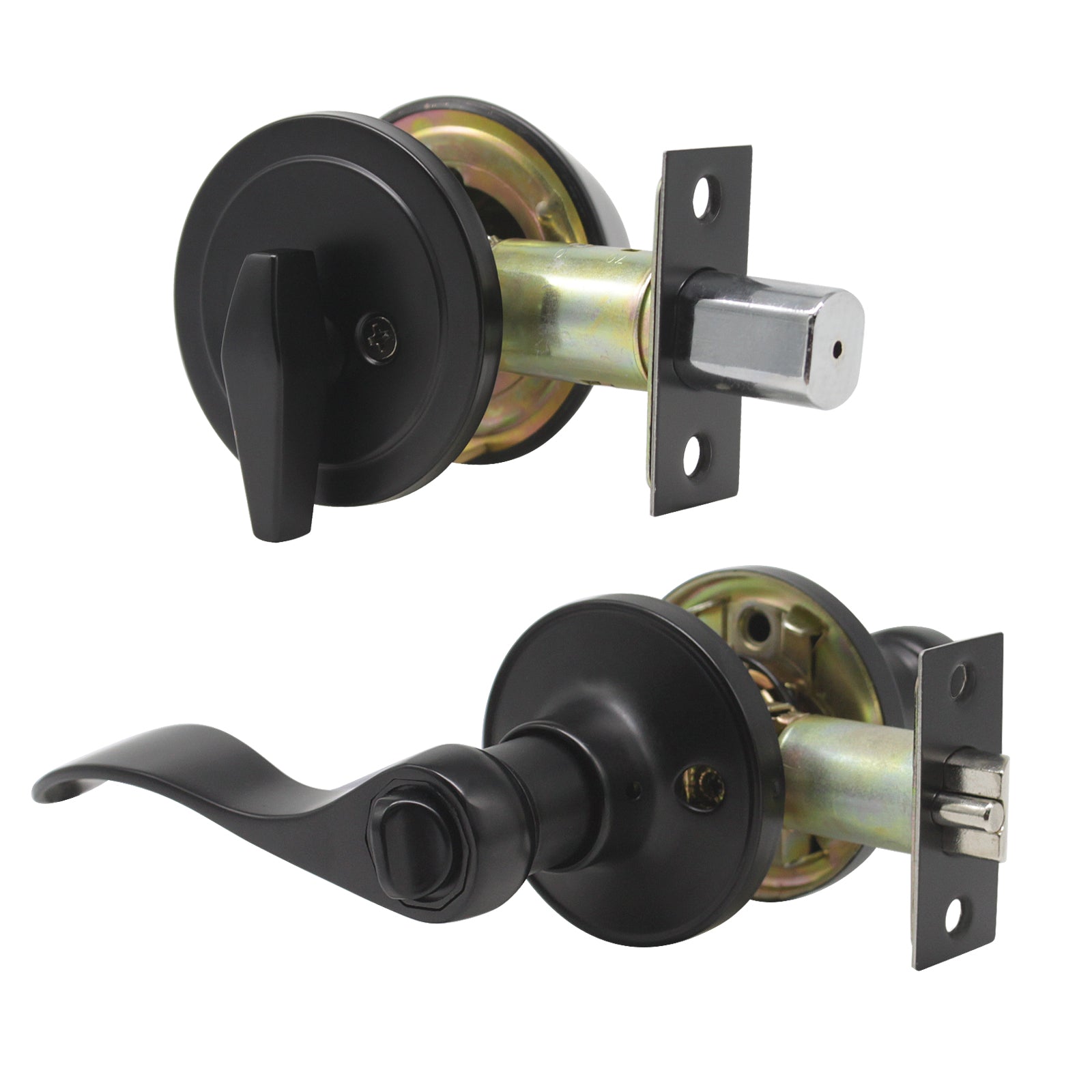 Wave Style Door Lever Lock with Single Cylinder Deadbolt Combo Packs Black Finish - Keyed Alike DL12061ET-101BK - Probrico