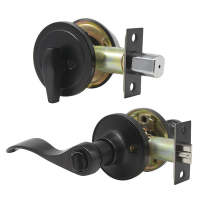 Wave Style Door Lever Lock with Single Cylinder Deadbolt Combo Packs Black Finish - Keyed Alike DL12061ET-101BK - Probrico