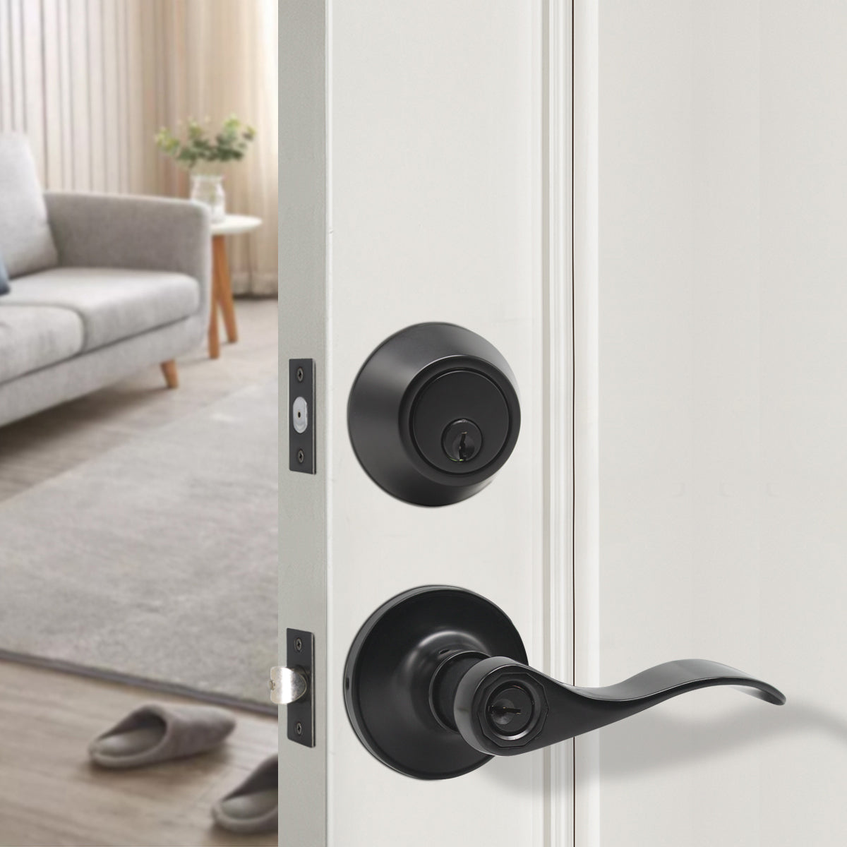 Wave Style Door Lever Lock with Single Cylinder Deadbolt Combo Packs Black Finish - Keyed Alike DL12061ET-101BK - Probrico