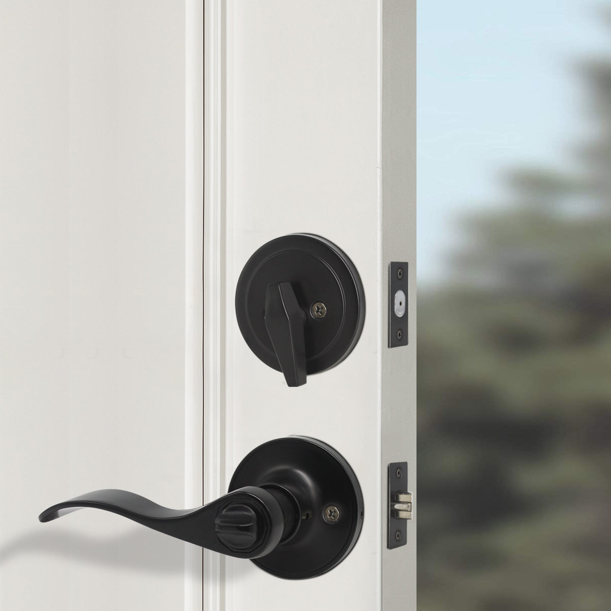 Wave Style Door Lever Lock with Single Cylinder Deadbolt Combo Packs Black Finish - Keyed Alike DL12061ET-101BK - Probrico