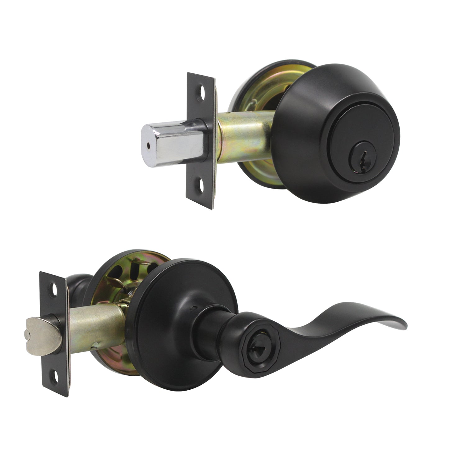 Wave Style Door Lever Lock with Double Cylinder Deadbolt Combo Packs Black Finish - Keyed Alike DL12061ET-102BK