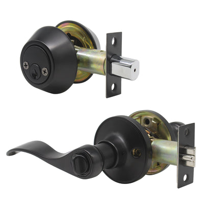 Wave Style Door Lever Lock with Double Cylinder Deadbolt Combo Packs Black Finish - Keyed Alike DL12061ET-102BK - Probrico