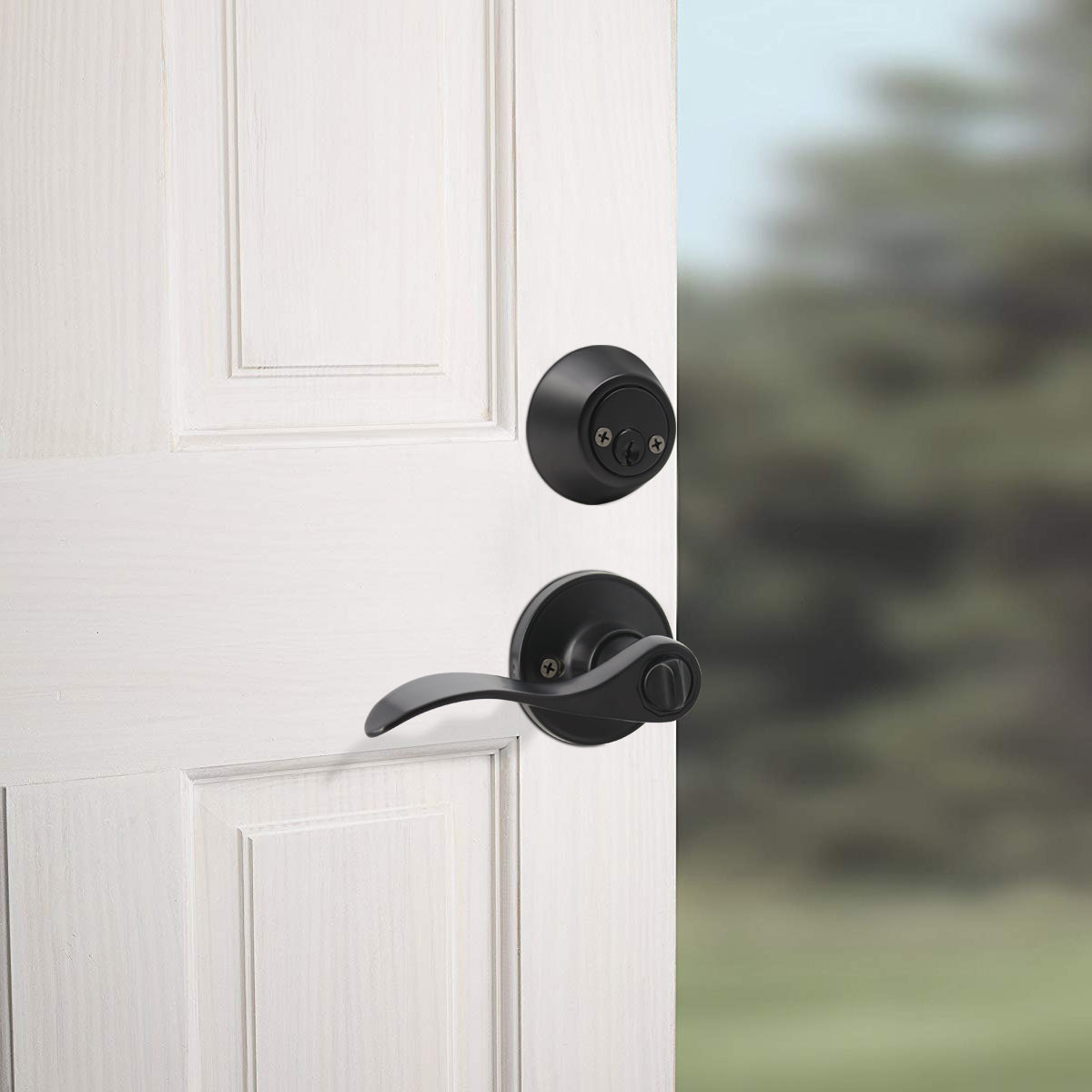 Wave Style Door Lever Lock with Double Cylinder Deadbolt Combo Packs Black Finish - Keyed Alike DL12061ET-102BK - Probrico