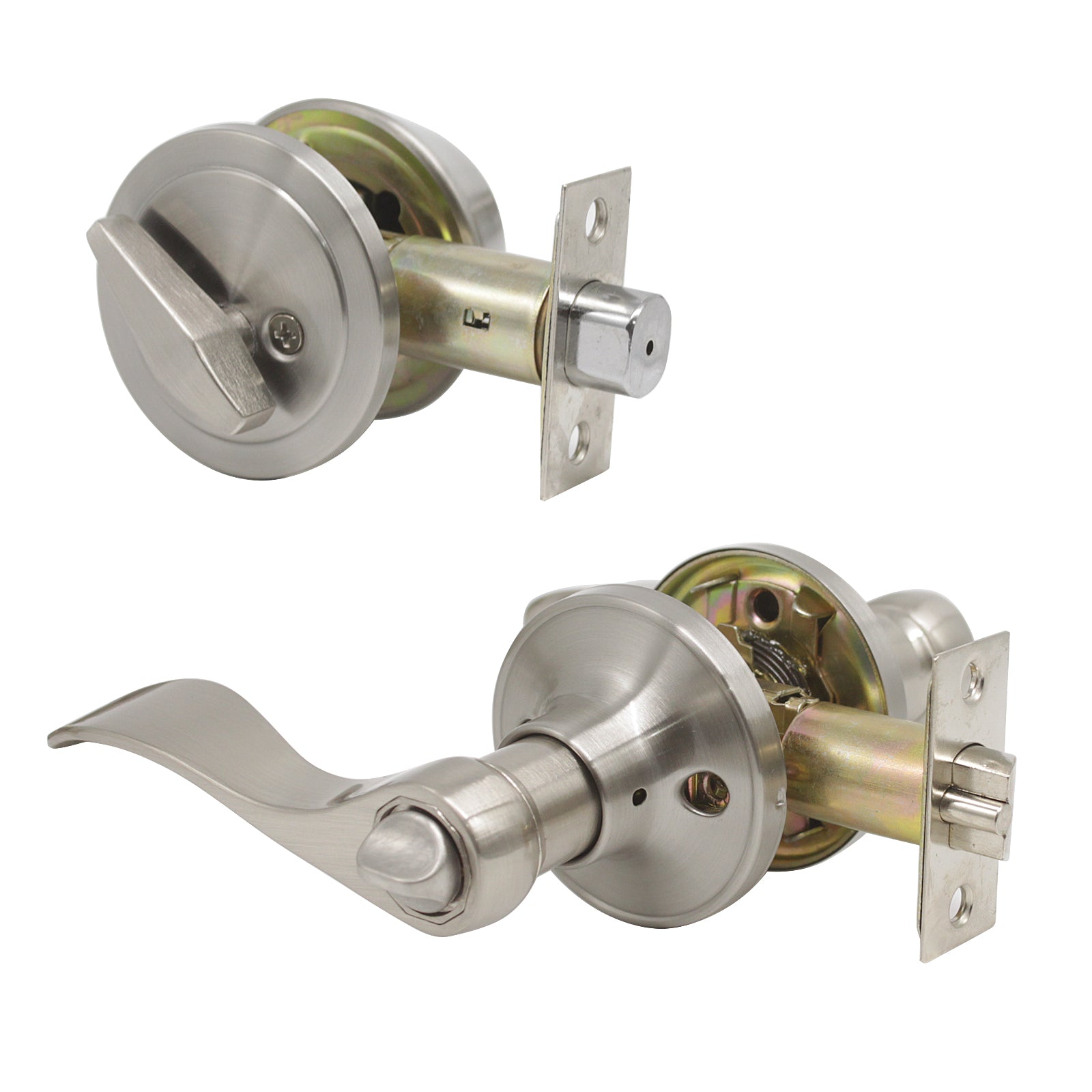 Keyed Entry Leverset Lock with Single Cylinder Deadbolt Satin Nickel F  Probrico