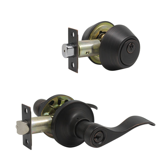 Entry Keyed Door Levers Lock with Double Cylinder Deadbolts Keyed Alike, Oil Rubbed Bronze Finish DL12061ET-102ORB