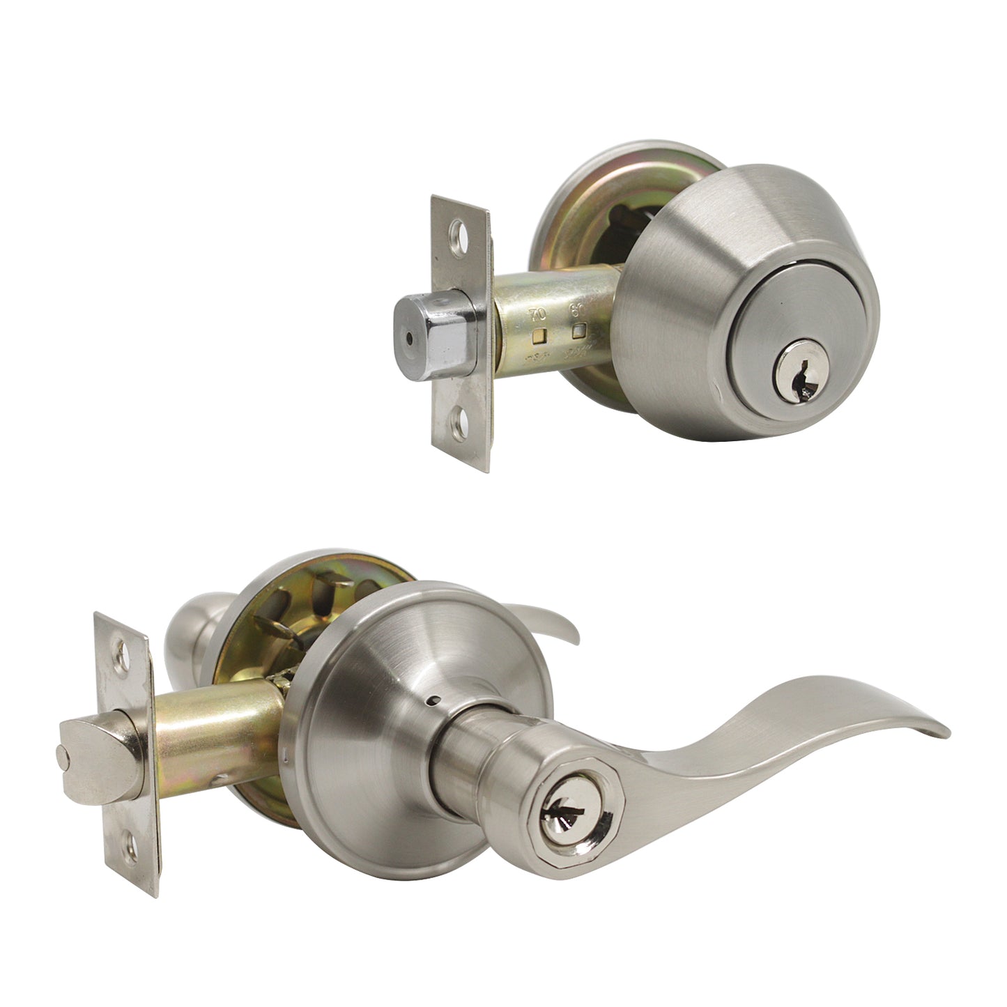 Keyed Entrance Door Lever set Lock with Double Cylinder Deadbolt Combo Packs, Satin Nickel DL12061ET-102SN