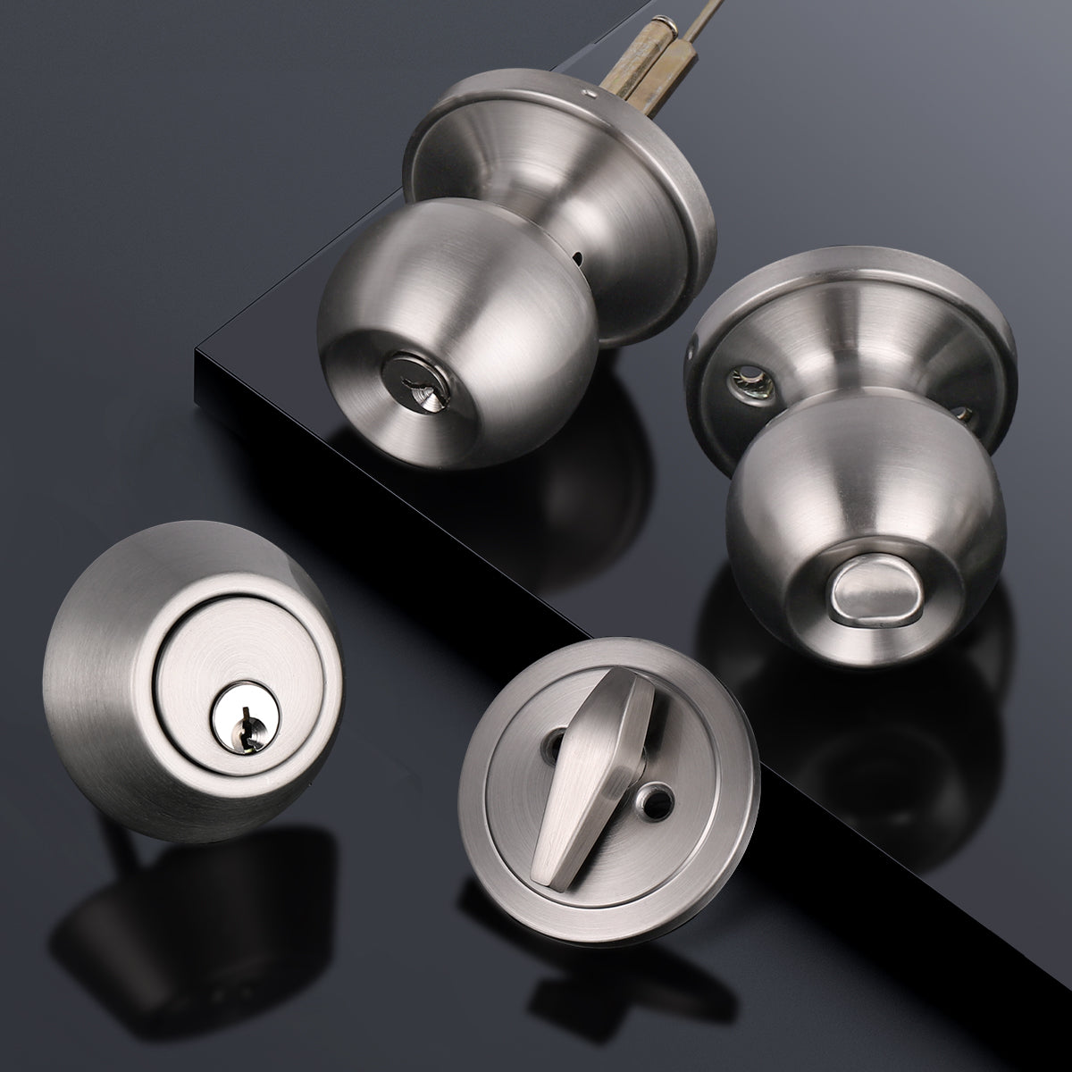 Round Ball Door Knob Lock with Single Cylinder Deadbolt Entry Keyed Lockset Satin Nickel Finish - Keyed Alike DL607ET-101SN - Probrico