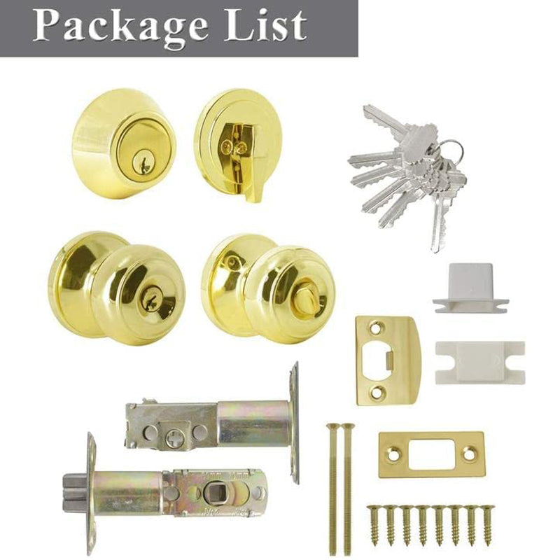 Keyed Alike Entry Door Lock Knob with Single Cylinder Deadbolt, Polished Brass Finish - DL609ET-101PB - Probrico